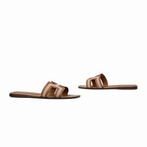 900$ HERMÈS Oran H Canvas & Leather Flat Slide Sandals Brown EU 41 US 10.5
